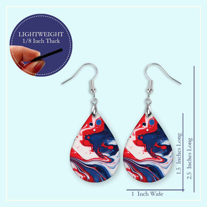 Patriotic Teardrop Earrings – Red White Blue Paint Pour Design
