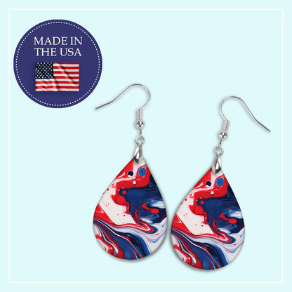 Patriotic Teardrop Earrings – Red White Blue Paint Pour Design