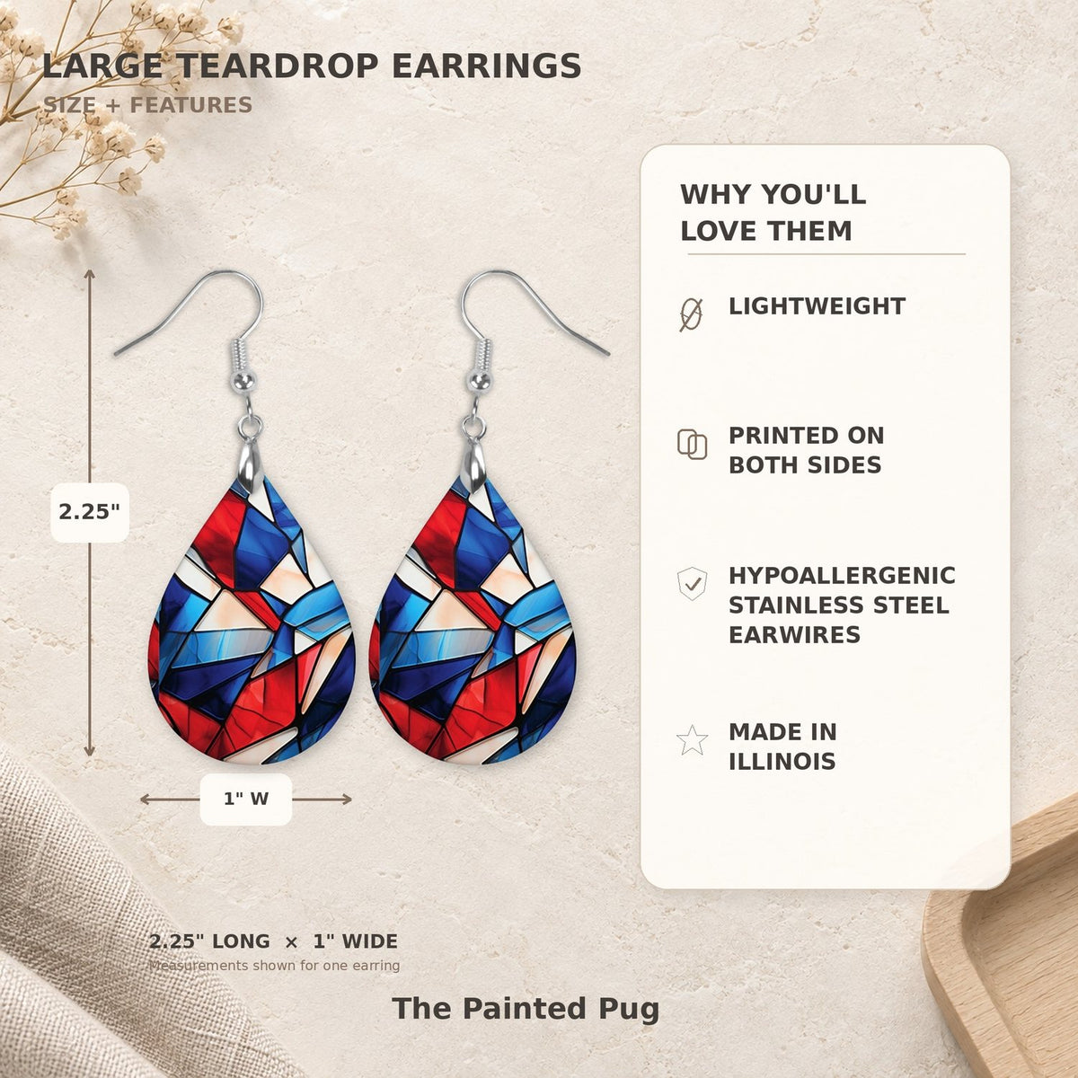 Stained Glass Teardrop Earrings size guide 2.25 inch