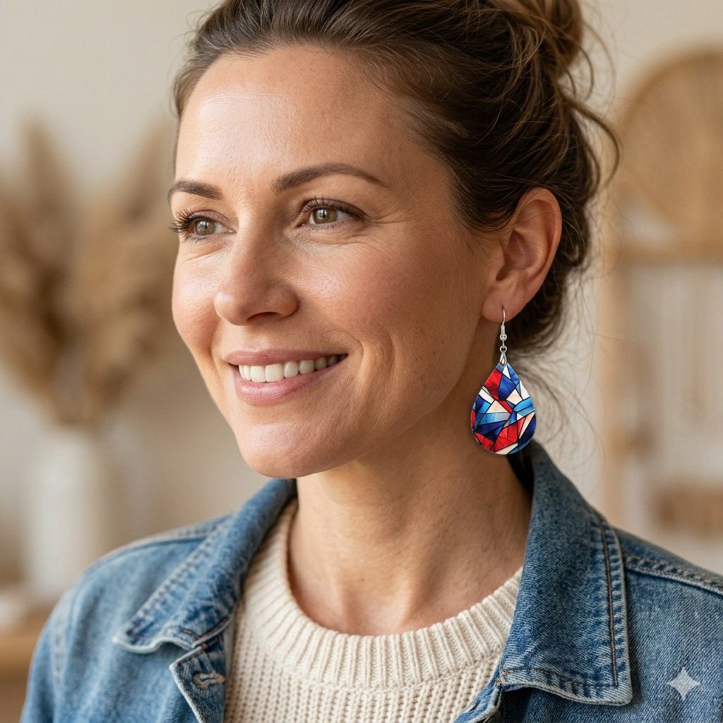 Stained Glass Teardrop Earrings worn by model