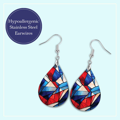 Patriotic Teardrop Earrings – Red White Blue Stained Glass Design