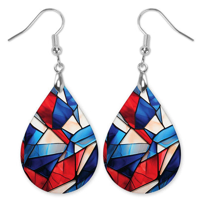 Patriotic Teardrop Earrings – Red White Blue Stained Glass Design