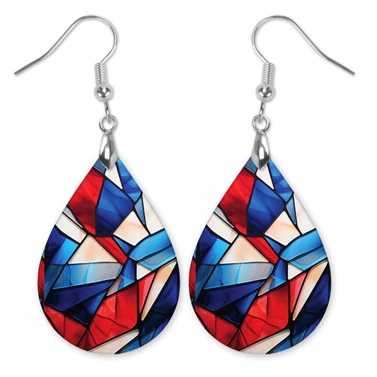 Patriotic Teardrop Earrings – Red White Blue Stained Glass Design