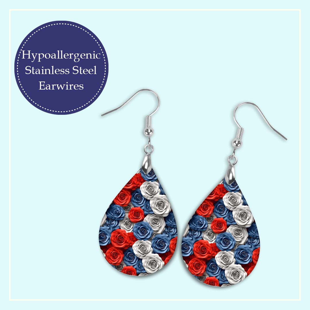 Patriotic Earrings – Red White Blue Rose Teardrop Dangle Earrings