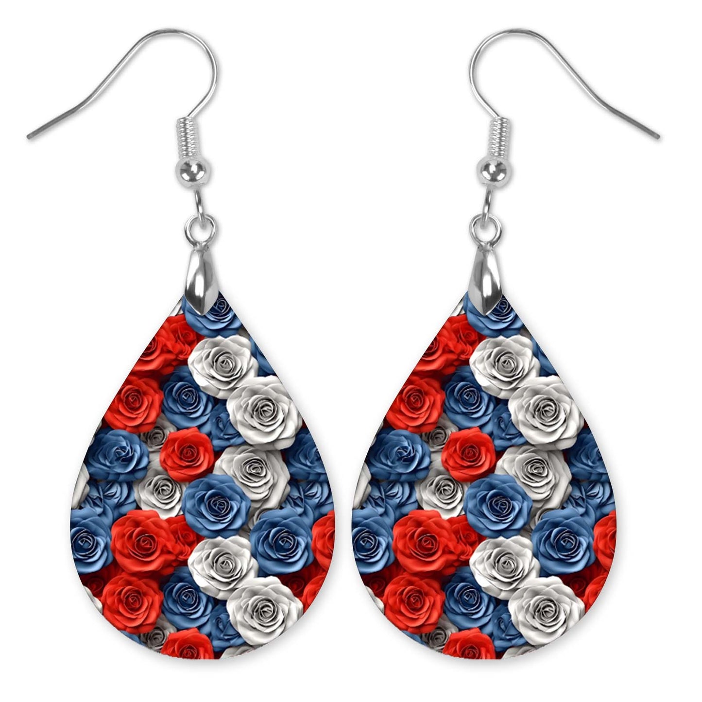 Patriotic Earrings – Red White Blue Rose Teardrop Dangle Earrings