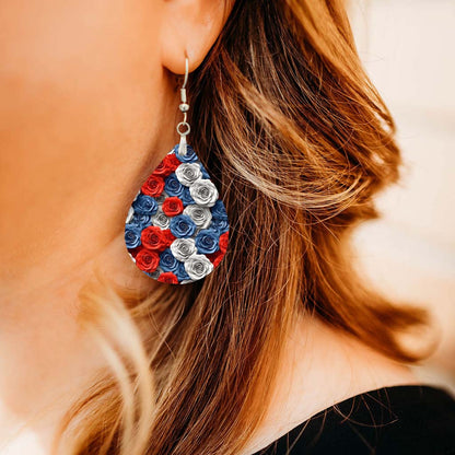 Patriotic Earrings – Red White Blue Rose Teardrop Dangle Earrings