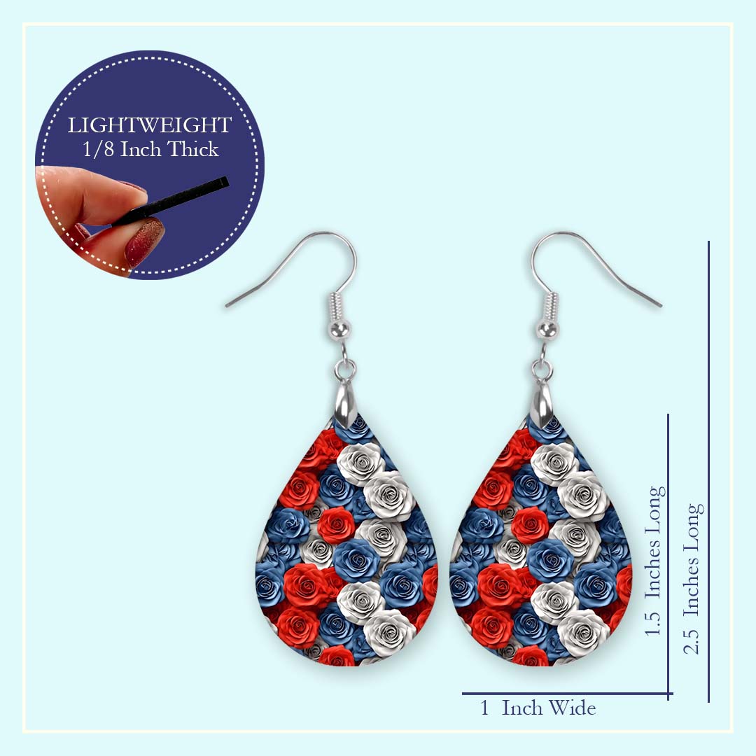 Patriotic Earrings – Red White Blue Rose Teardrop Dangle Earrings