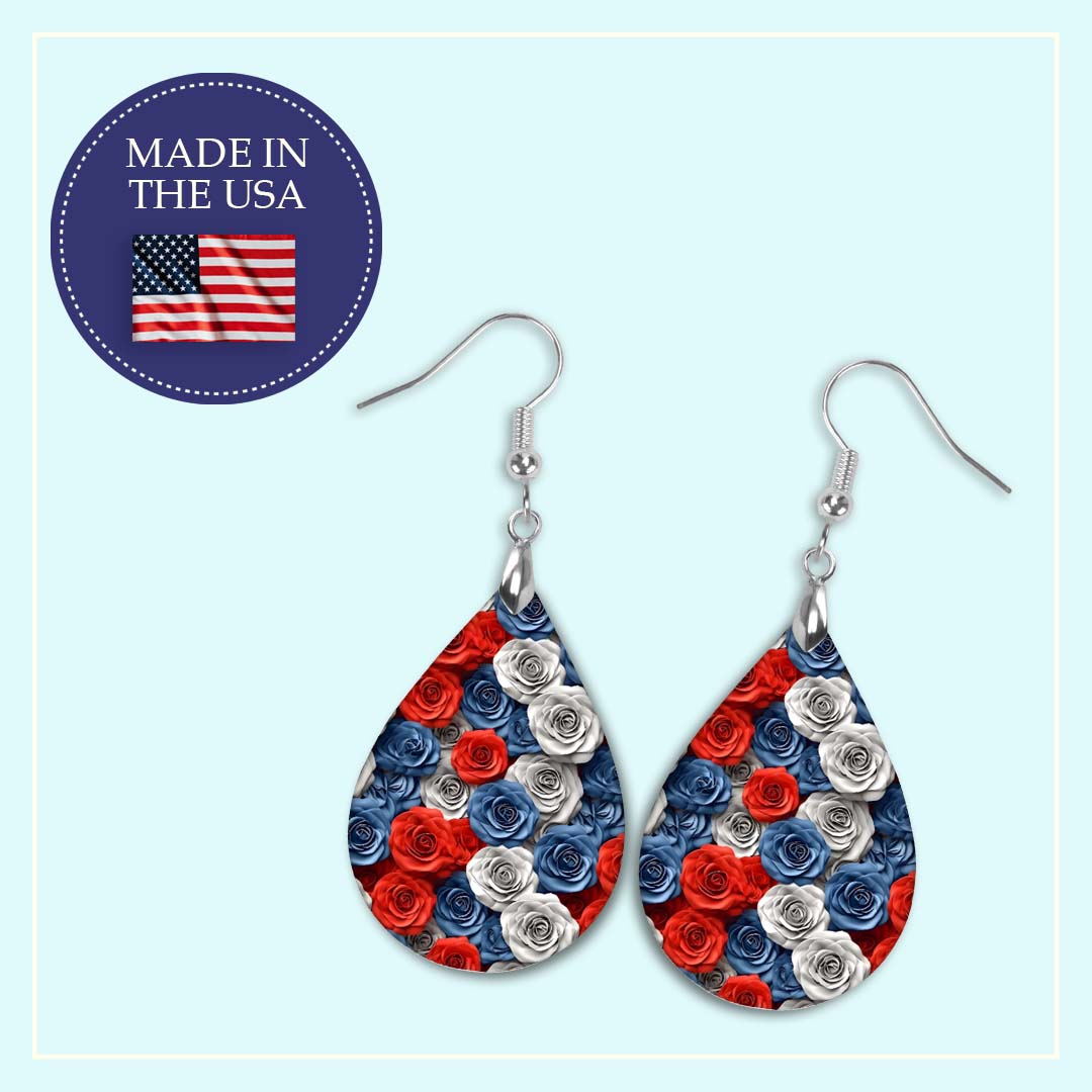 Patriotic Earrings – Red White Blue Rose Teardrop Dangle Earrings