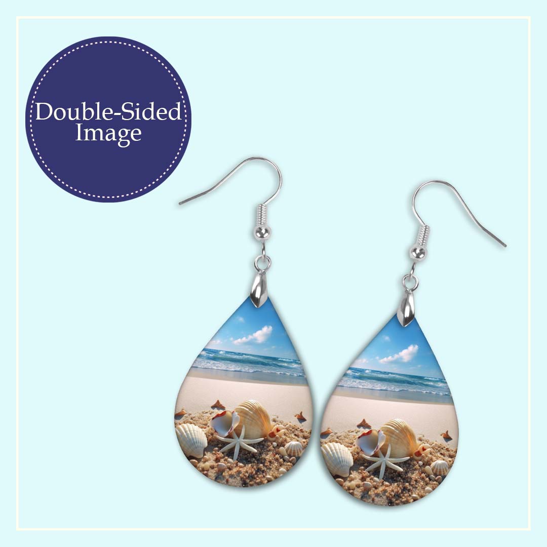Beach Scene Teardrop Earrings – Seashell Coastal Print