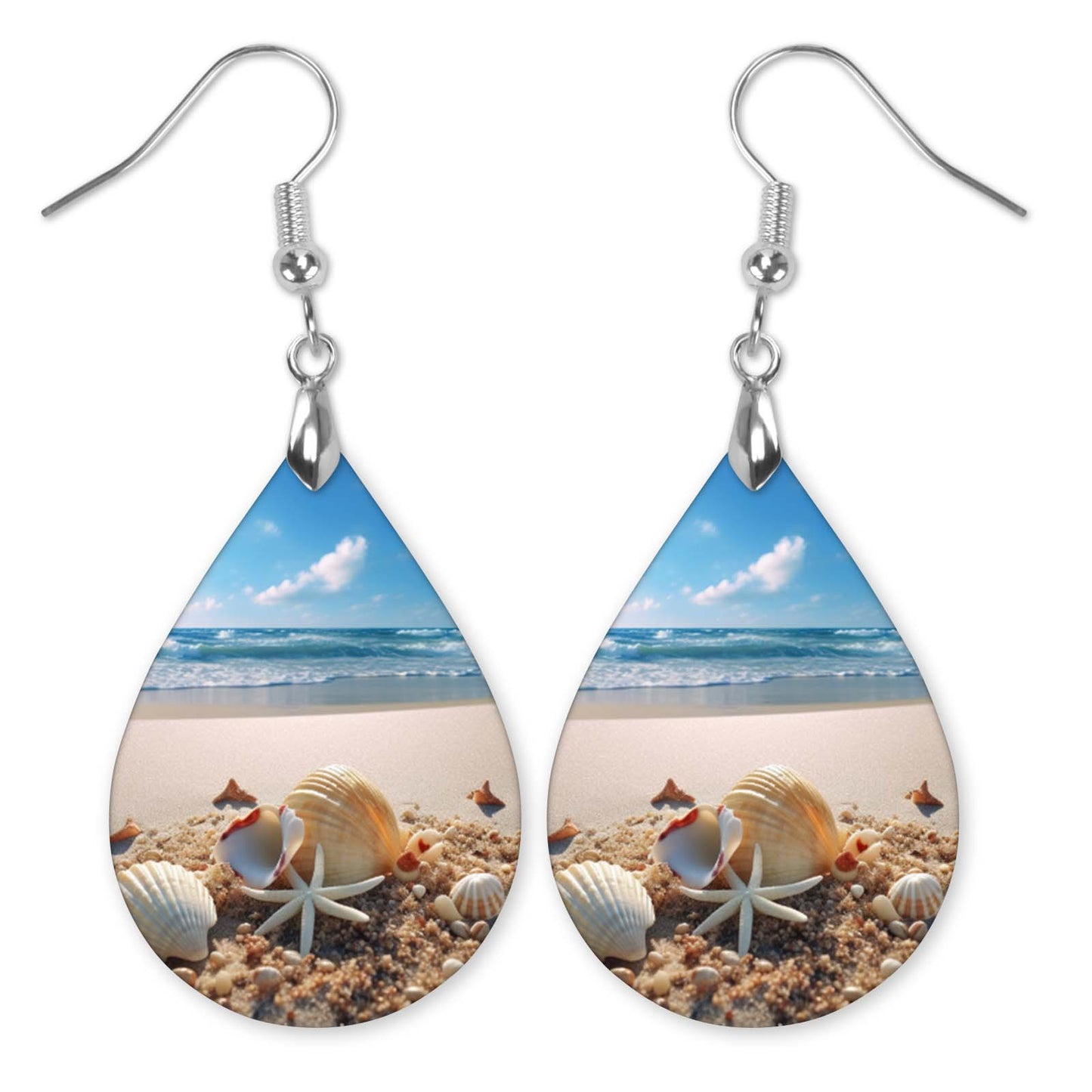 Beach Scene Teardrop Earrings – Seashell Coastal Print