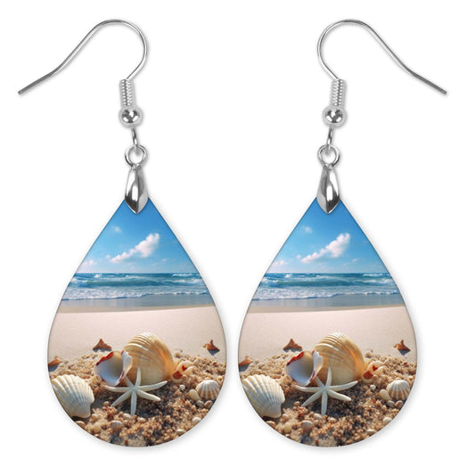 Beach Scene Teardrop Earrings – Seashell Coastal Print