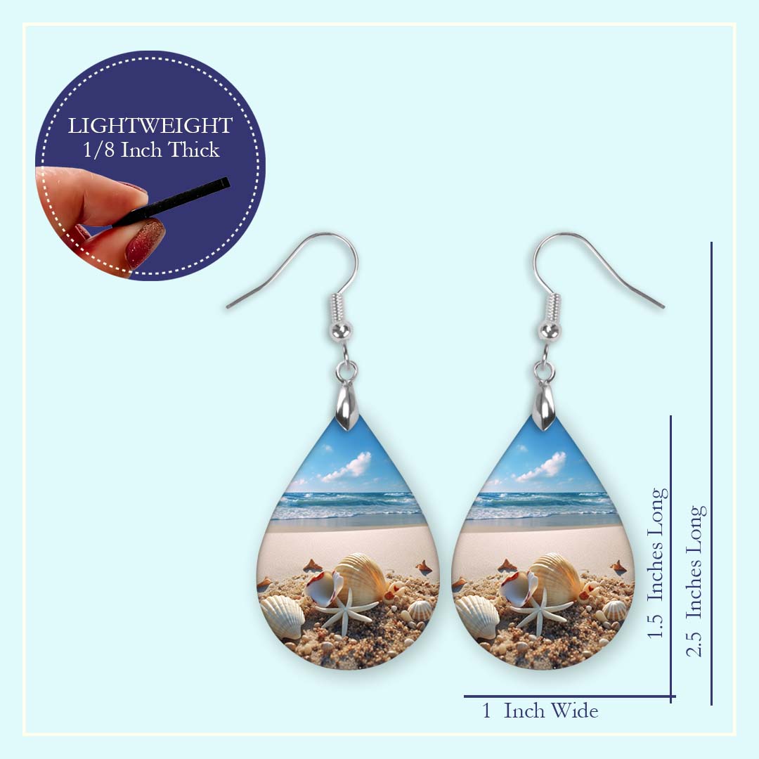 Beach Scene Teardrop Earrings – Seashell Coastal Print