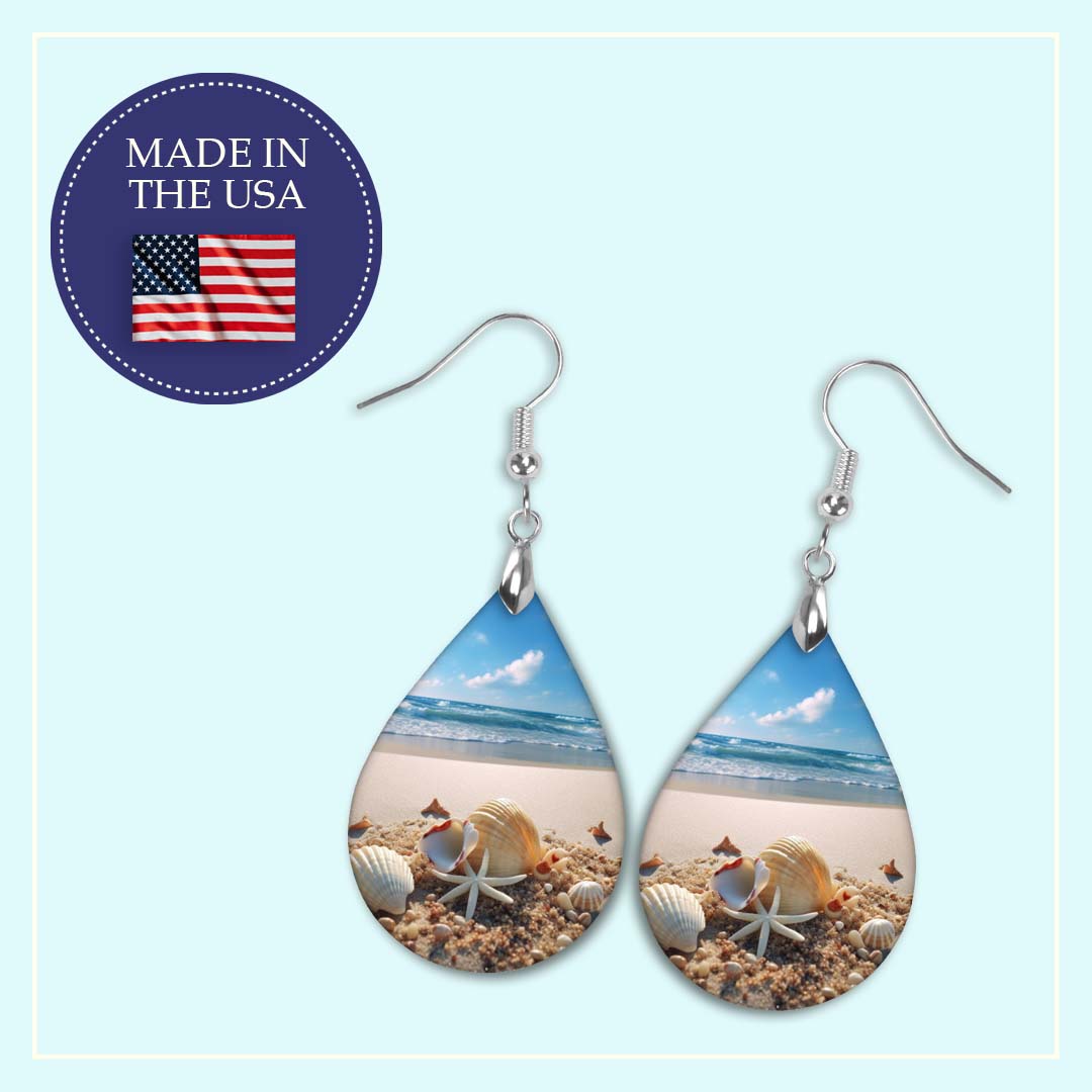 Beach Scene Teardrop Earrings – Seashell Coastal Print