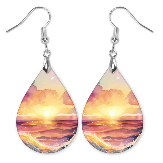 Beach Sunset Teardrop Earrings – Lightweight Ocean Sunset Dangles