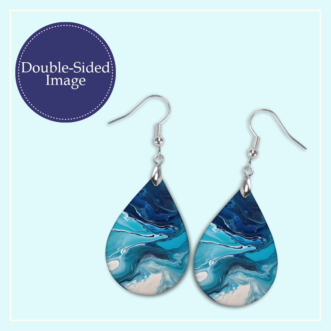 Blue Paint Pour Teardrop Earrings – Lightweight Abstract Art Dangles
