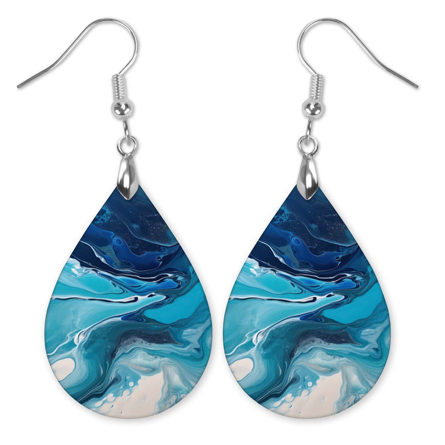 Blue Paint Pour Teardrop Earrings – Lightweight Abstract Art Dangles