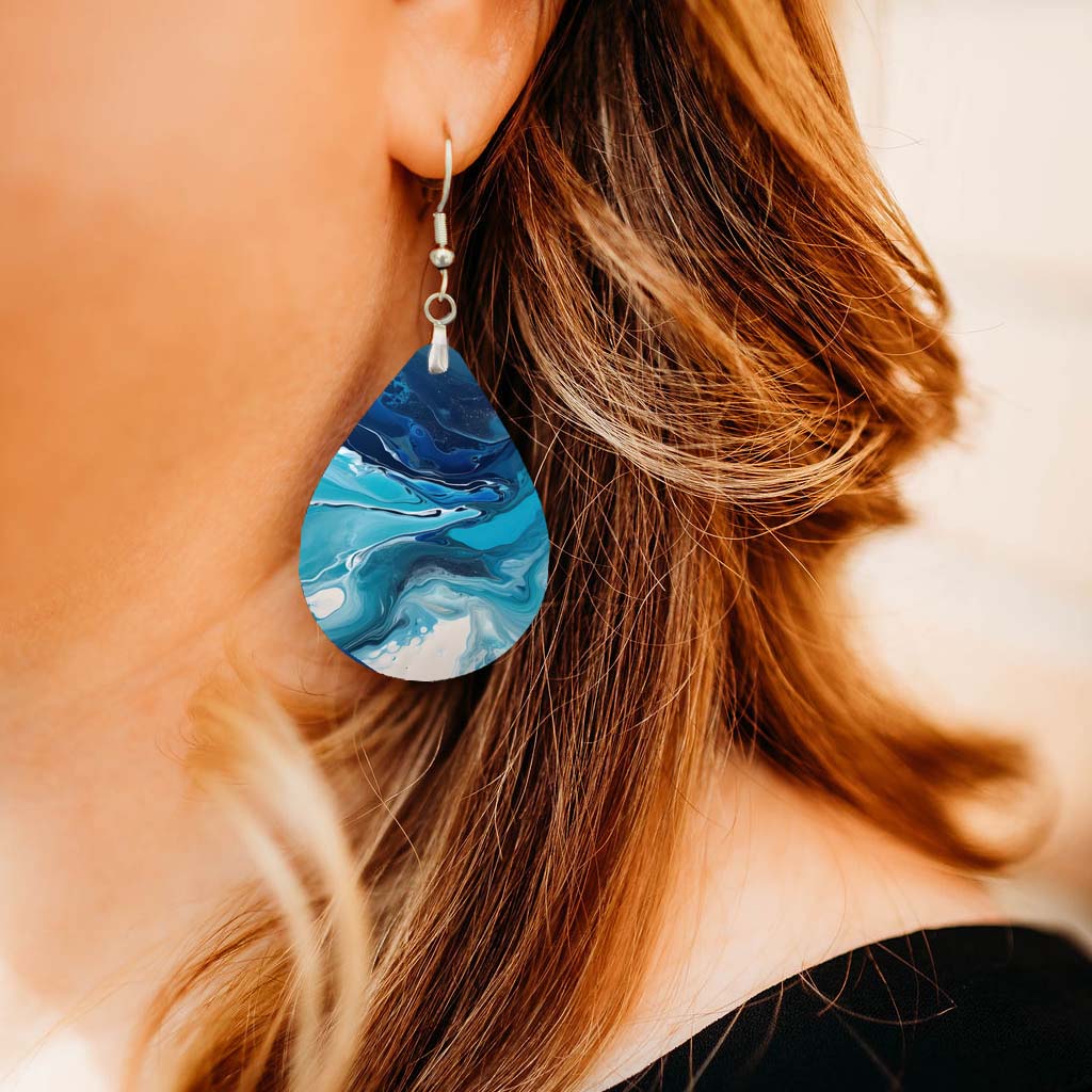 Blue Paint Pour Teardrop Earrings – Lightweight Abstract Art Dangles