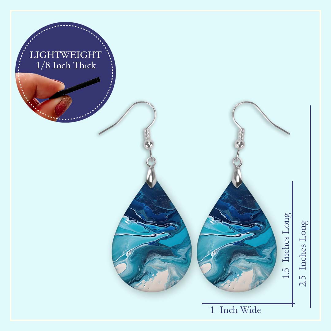 Blue Paint Pour Teardrop Earrings – Lightweight Abstract Art Dangles