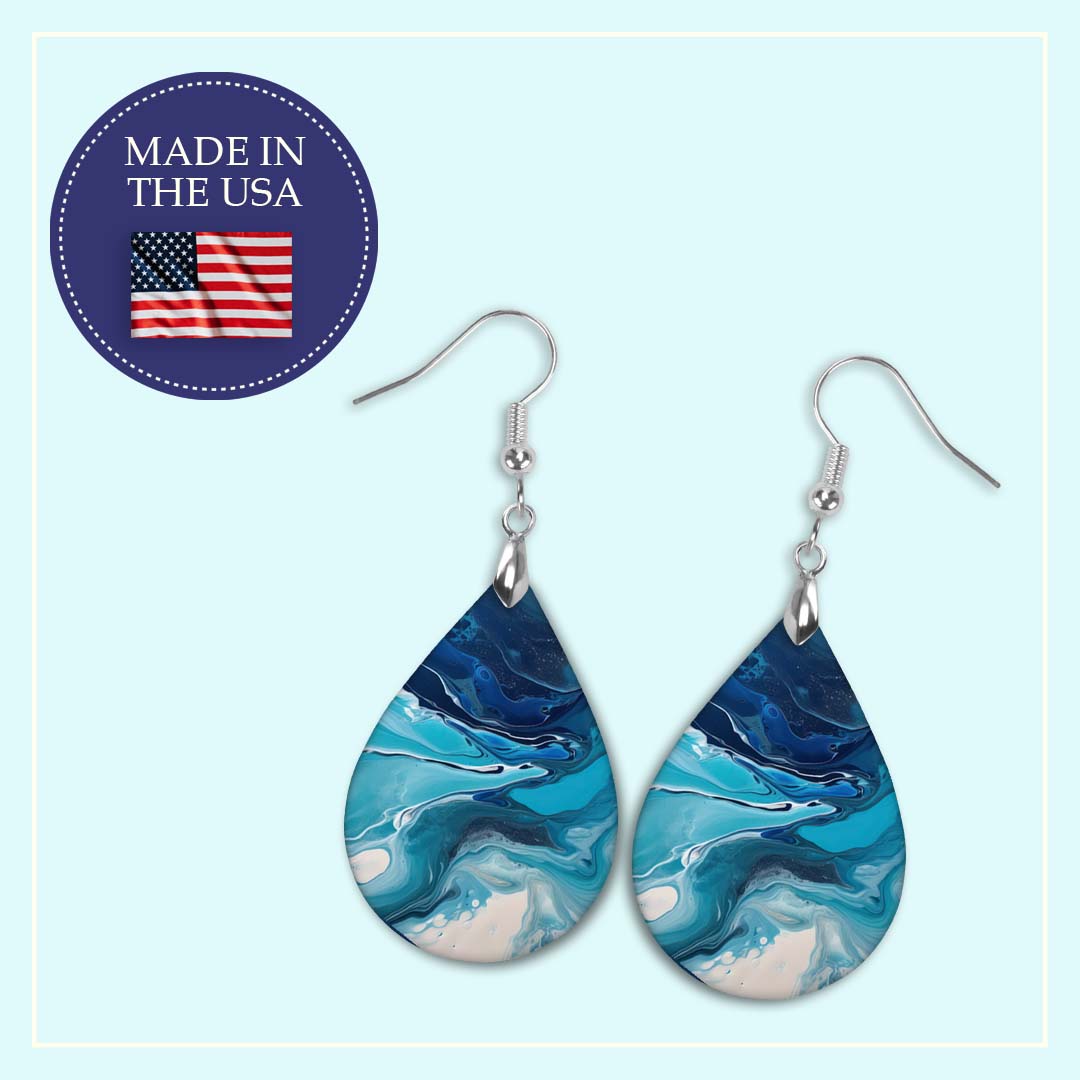 Blue Paint Pour Teardrop Earrings – Lightweight Abstract Art Dangles