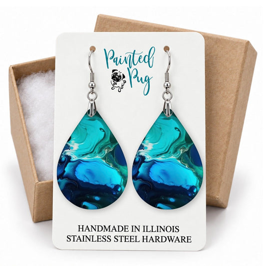 Blue Teal Paint Pour Teardrop Earrings gift box