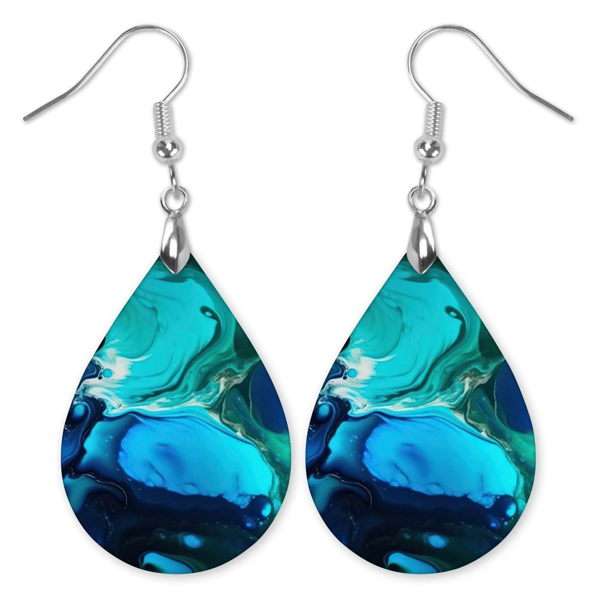 Blue Teal Paint Pour Teardrop Earrings on white