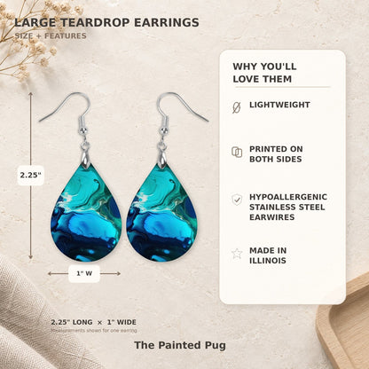 Blue Teal Paint Pour Teardrop Earrings size guide 2.25 inch