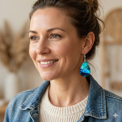 Blue Teal Paint Pour Teardrop Earrings worn by model