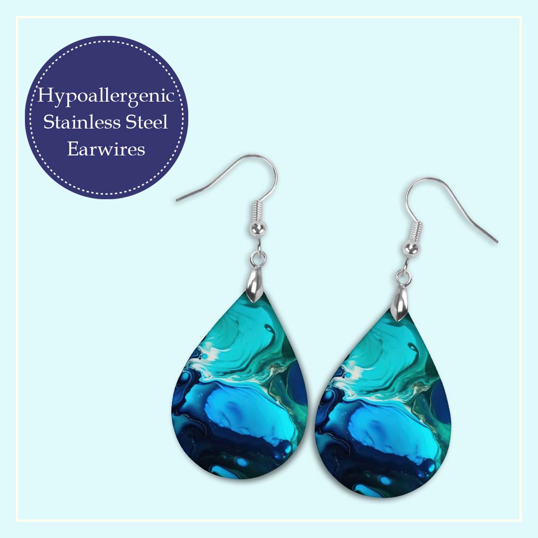Blue Teal Paint Pour Teardrop Earrings