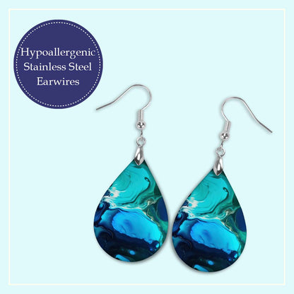 Blue Teal Paint Pour Teardrop Earrings