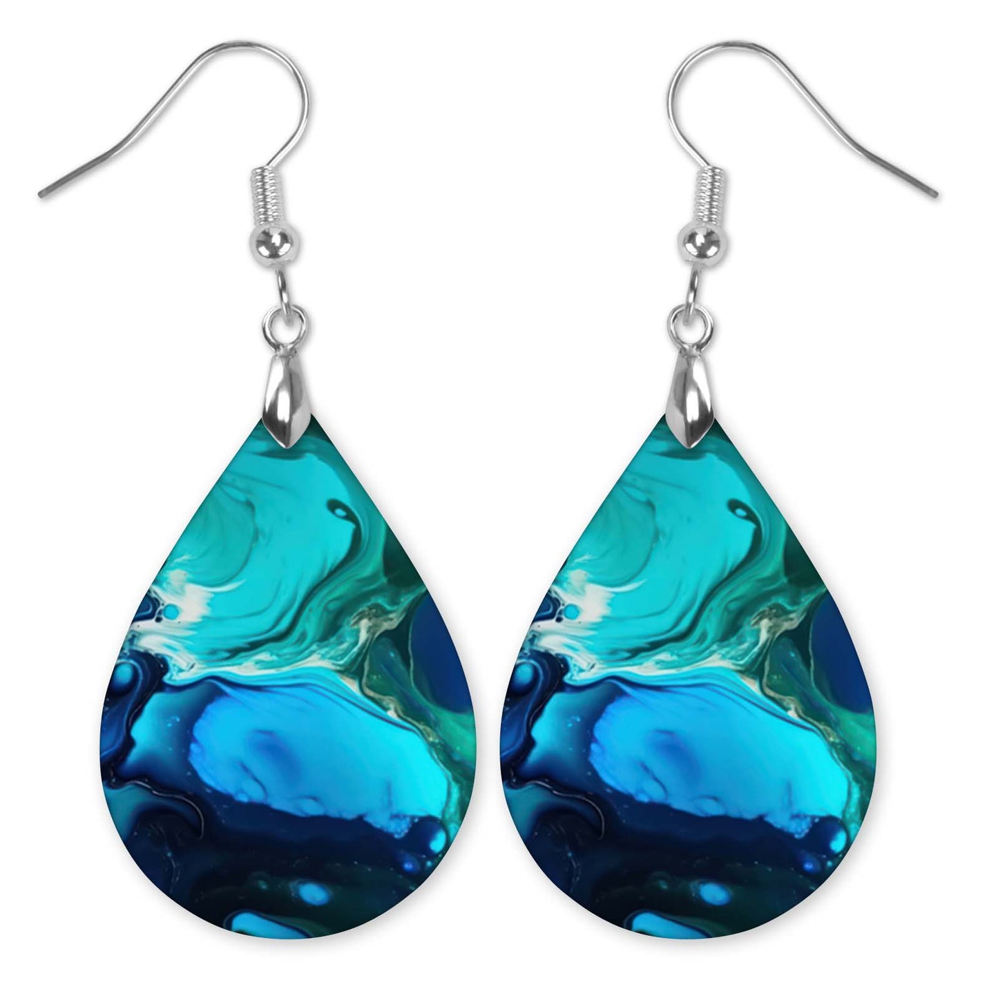 Blue Teal Paint Pour Teardrop Earrings