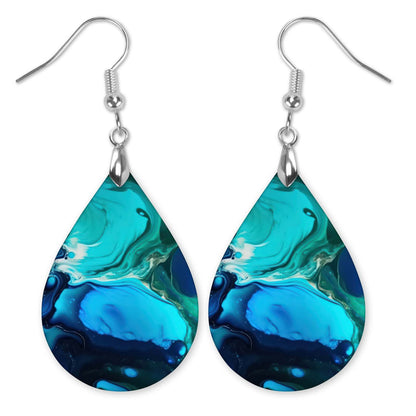 Blue Teal Paint Pour Teardrop Earrings