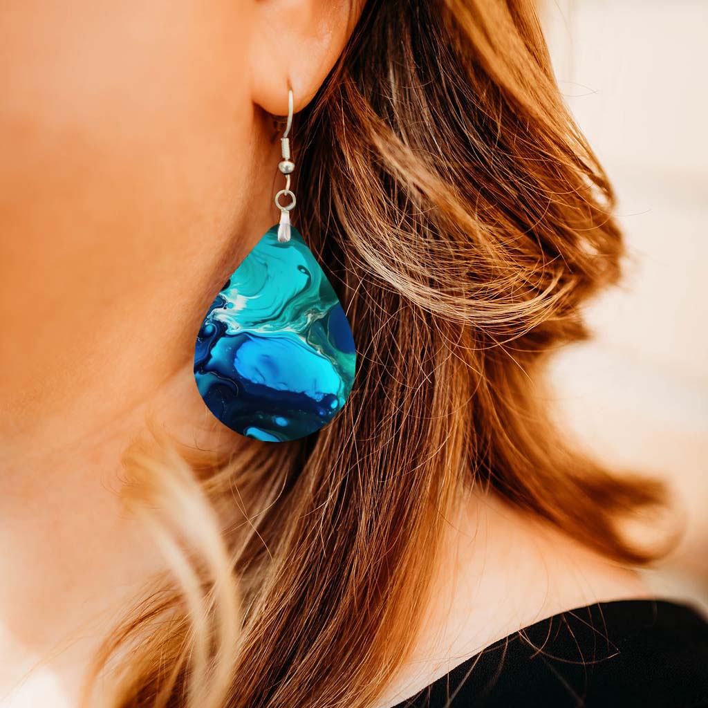 Blue Teal Paint Pour Teardrop Earrings