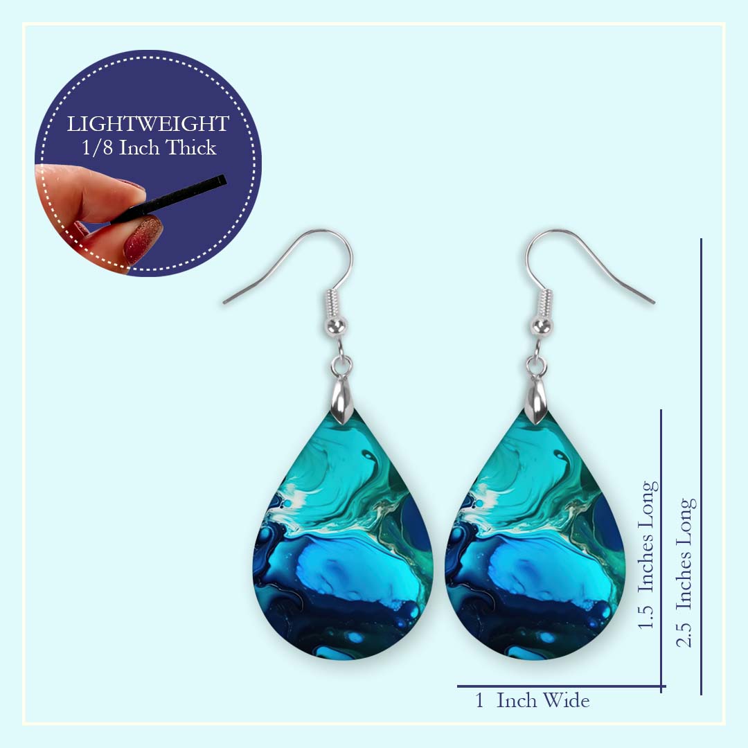 Blue Teal Paint Pour Teardrop Earrings