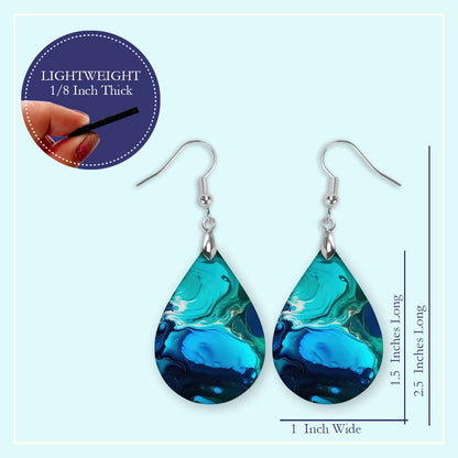 Blue Teal Paint Pour Teardrop Earrings