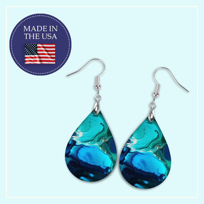Blue Teal Paint Pour Teardrop Earrings