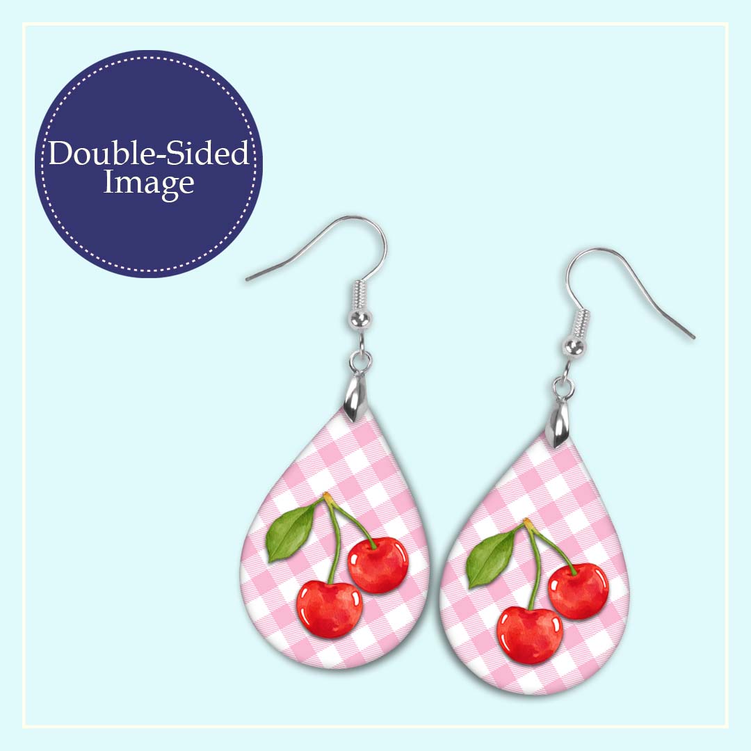 Cherry Pink Gingham Teardrop Earrings – Cute Summer Fruit Dangle Earrings