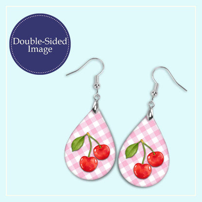Cherry Pink Gingham Teardrop Earrings – Cute Summer Fruit Dangle Earrings
