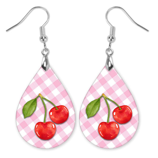 Cherry Pink Gingham Teardrop Earrings – Cute Summer Fruit Dangle Earrings
