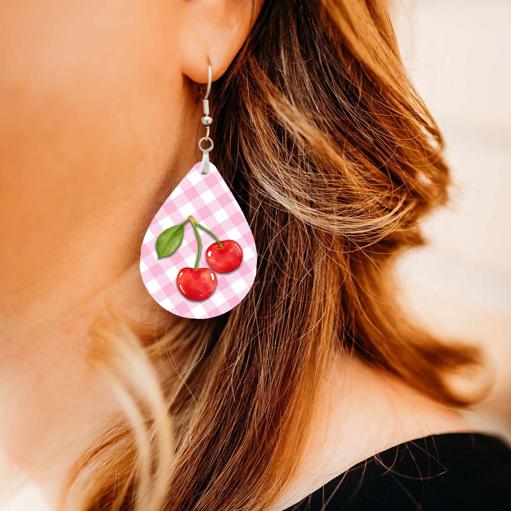 Cherry Pink Gingham Teardrop Earrings – Cute Summer Fruit Dangle Earrings