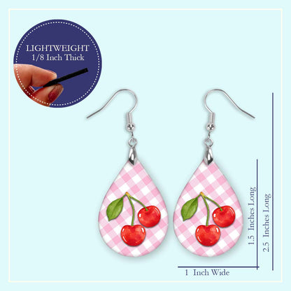Cherry Pink Gingham Teardrop Earrings – Cute Summer Fruit Dangle Earrings