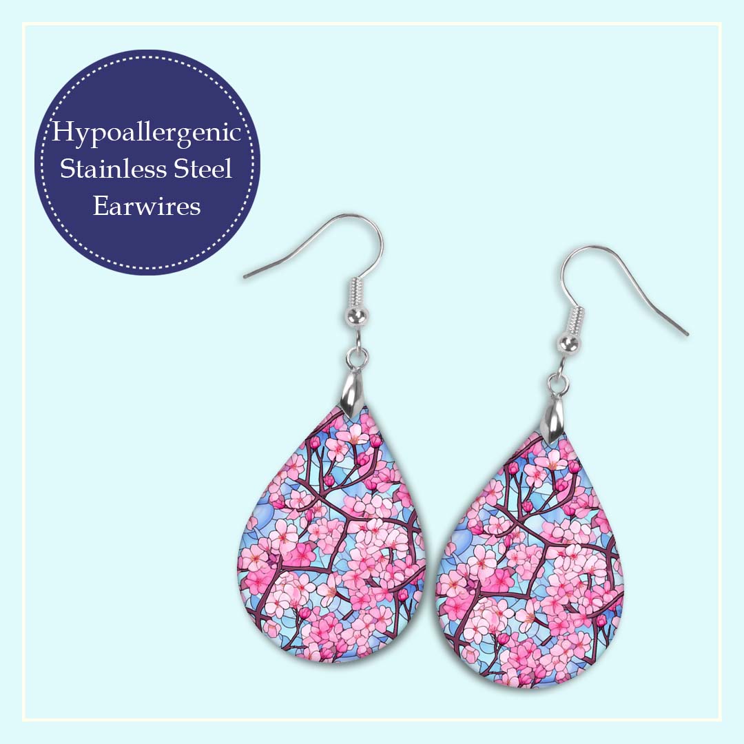 Pink & Blue Cherry Blossom Teardrop Earrings – Lightweight Spring Floral Dangles