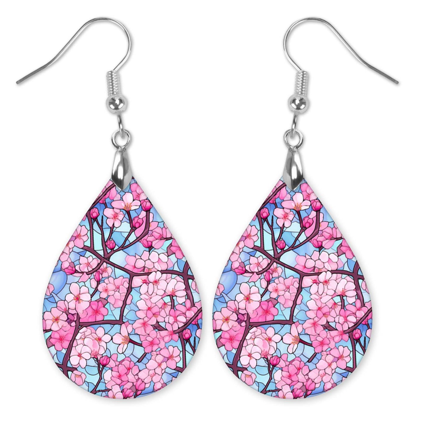 Pink & Blue Cherry Blossom Teardrop Earrings – Lightweight Spring Floral Dangles