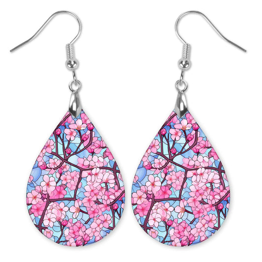 Pink & Blue Cherry Blossom Teardrop Earrings – Lightweight Spring Floral Dangles
