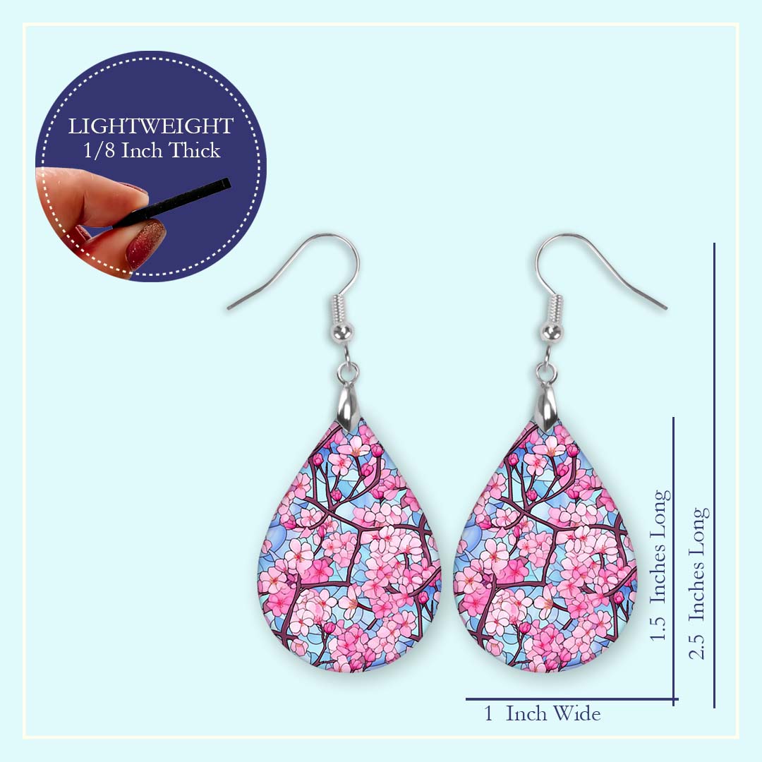Pink & Blue Cherry Blossom Teardrop Earrings – Lightweight Spring Floral Dangles