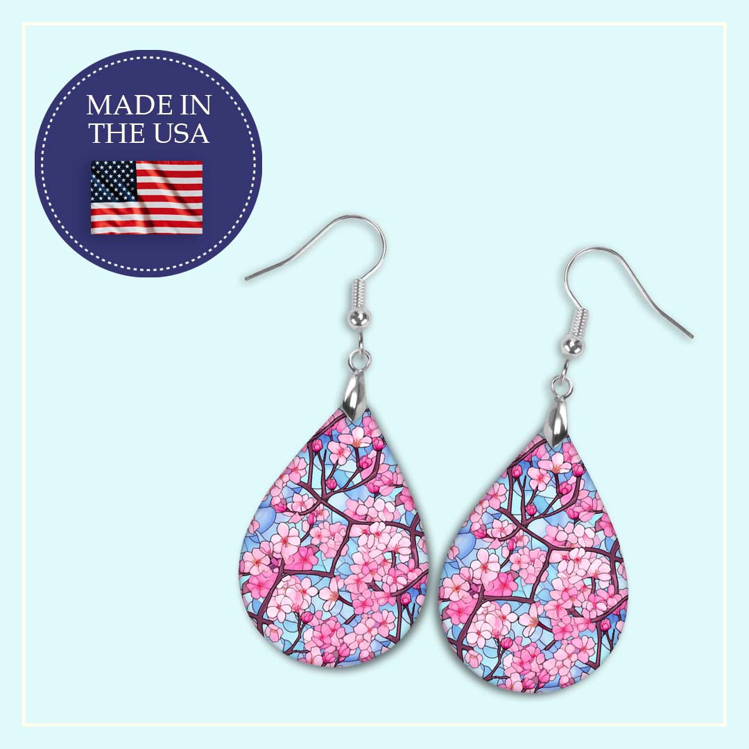 Pink & Blue Cherry Blossom Teardrop Earrings – Lightweight Spring Floral Dangles