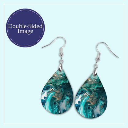 Teal & Green Paint Pour Teardrop Earrings – Lightweight Abstract Dangles