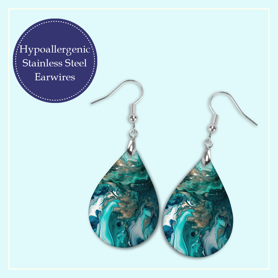 Teal & Green Paint Pour Teardrop Earrings – Lightweight Abstract Dangles