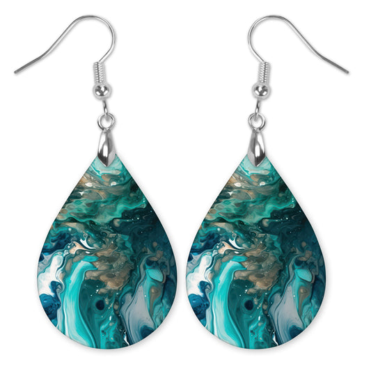 Teal & Green Paint Pour Teardrop Earrings – Lightweight Abstract Dangles