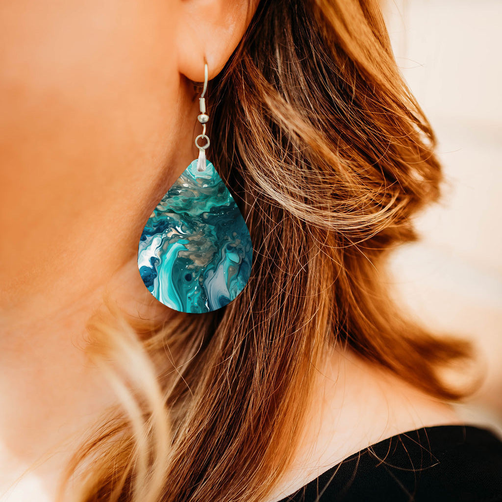Teal & Green Paint Pour Teardrop Earrings – Lightweight Abstract Dangles