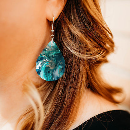 Teal & Green Paint Pour Teardrop Earrings – Lightweight Abstract Dangles
